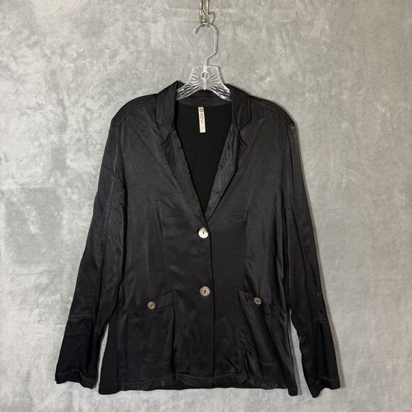 XCVI Blazer Jacket Women Small Satin Finish Black Button Long Sleeve Minimalist - Picture 2 of 8